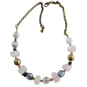 NECKLACE Pink Crystal Rose Quartz Beads Vtg Beaded Collar Strand Signed Danon